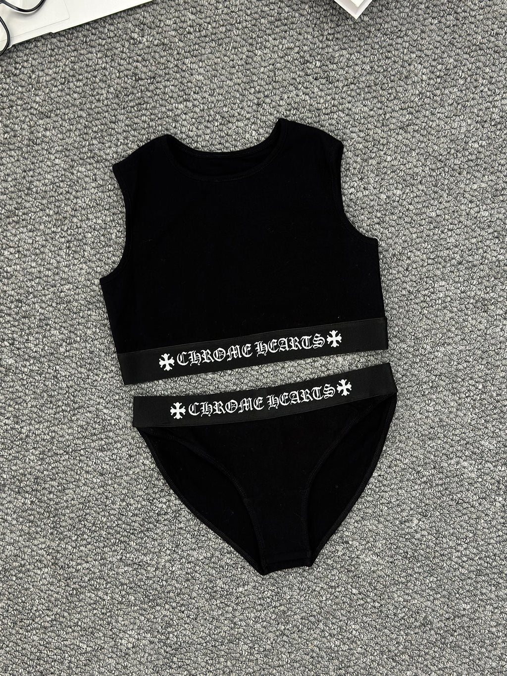 Chrome Hearts Yoga Sportswear Cross-Patterned Sanskrit Ribbon Slim Waist Vest and Shorts Set