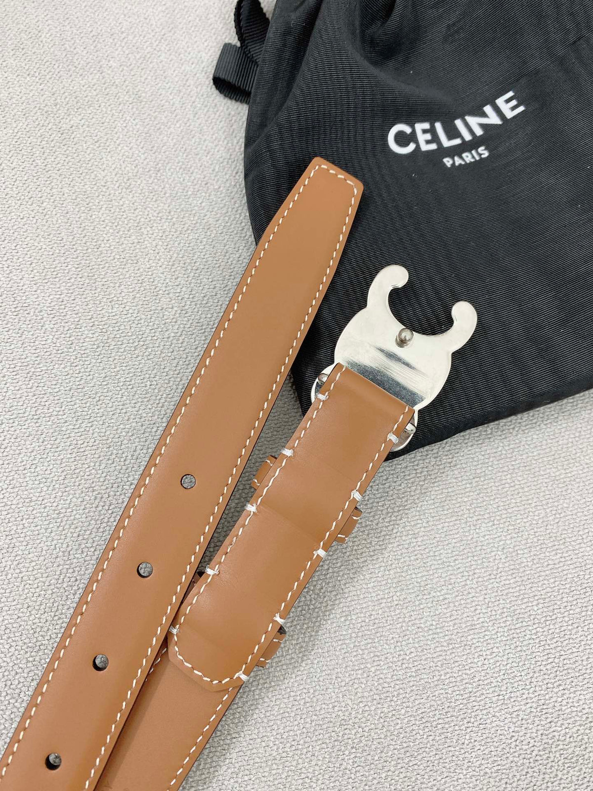CELINE 25S TRIOMPHE BELT 25MM IN BROWN CALFSKIN SILVER HARDWARE 580678