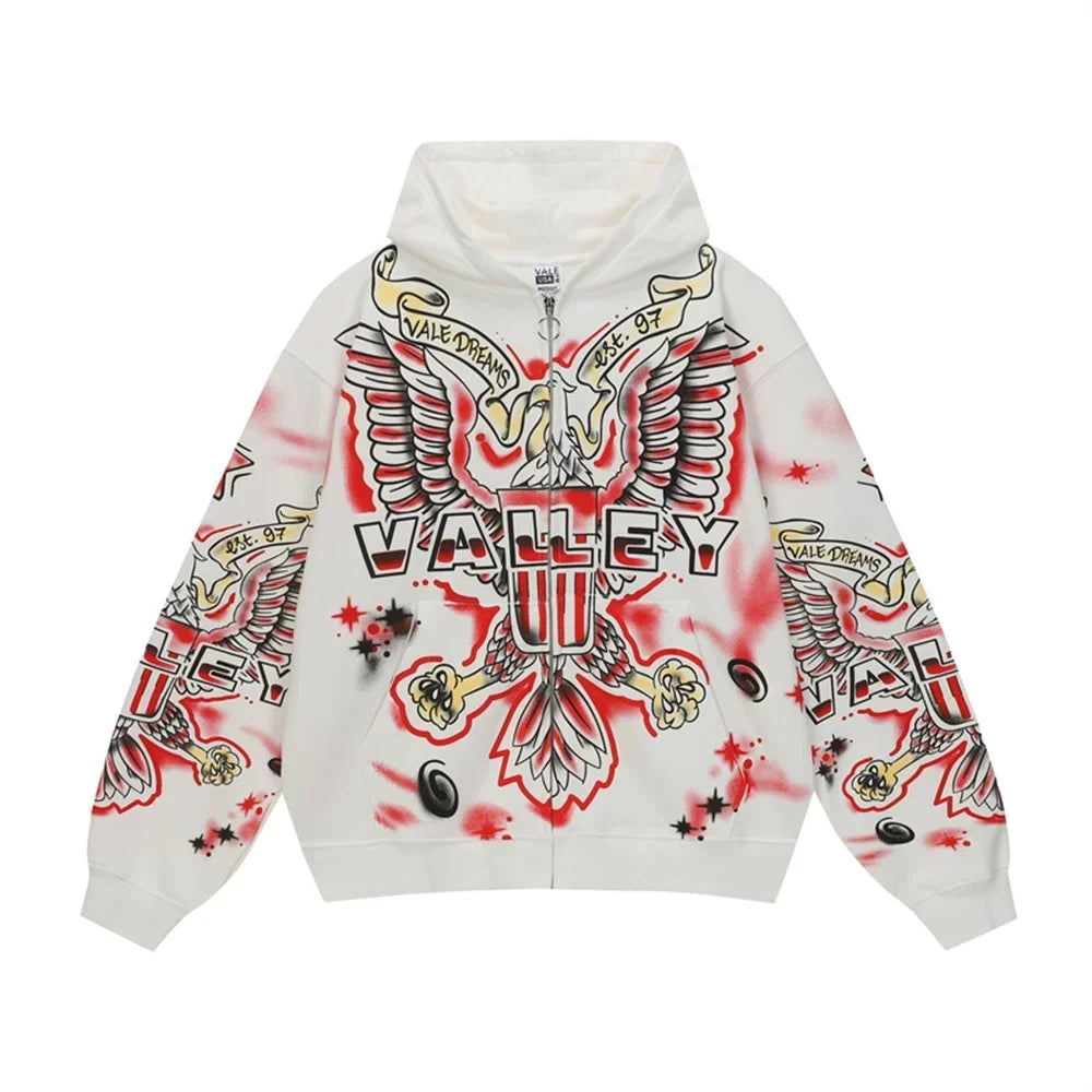 Vale Forever Valley Eagle Tattoo Zip Hoodie — White