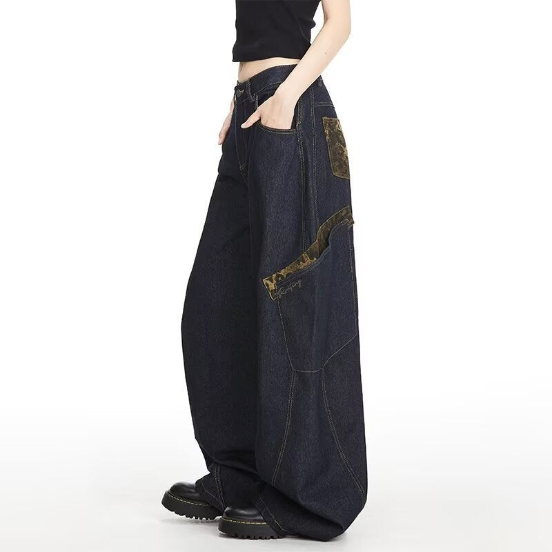 Y2K Vintage Ripped Curved Baggy Wide Leg Jeans Big Pocket Streetwear