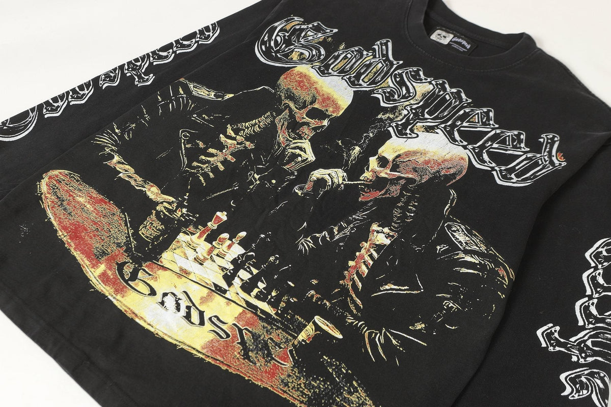Godspeed Washed Black Skeleton Chess Graphic Long-Sleeve T-Shirt