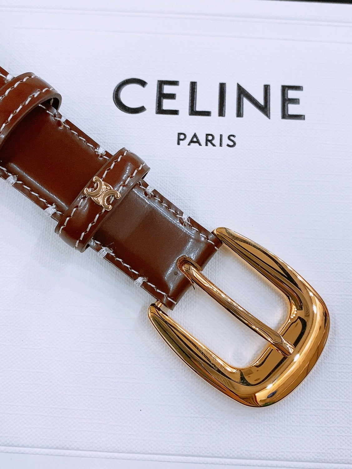 CELINE 25S BELT 25MM WITH ARC DE TRIOMPHE BUCKLE IN BURNT UMBER 571501