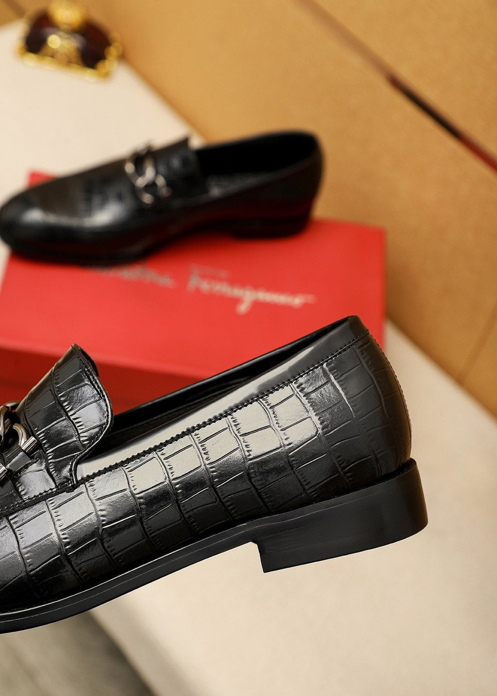 Ferragamo Black Embossed Bit Loafers - Croc-Embossed Texture