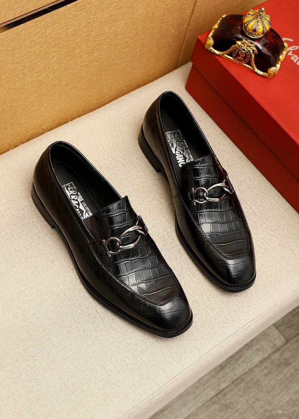 Ferragamo Black Embossed Bit Loafers - Croc-Embossed Texture