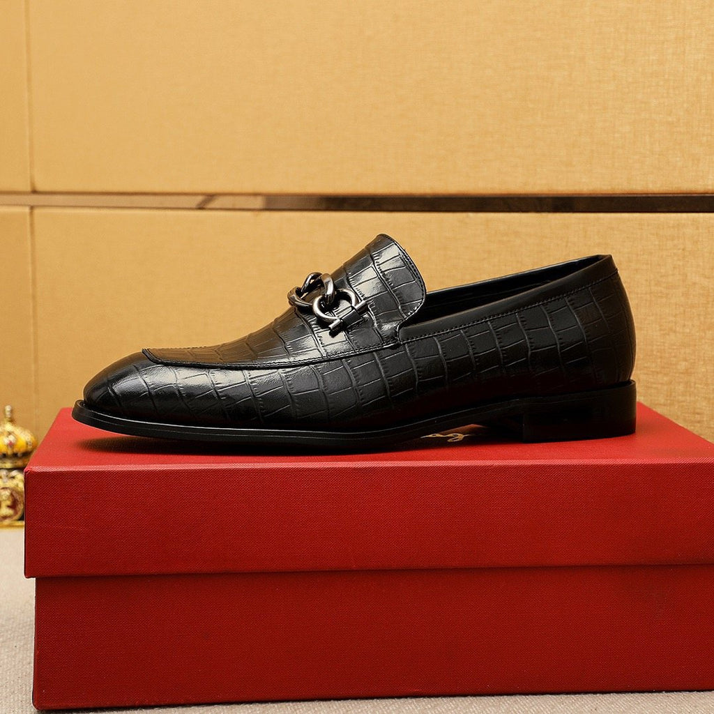 Ferragamo Black Embossed Bit Loafers - Stacked Heel
