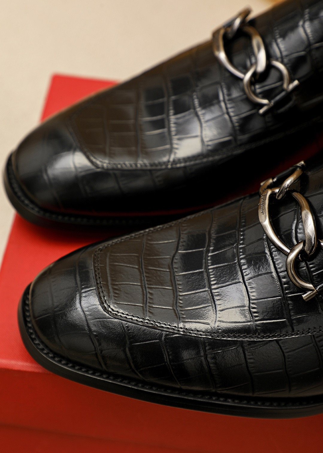 Ferragamo Black Embossed Bit Loafers - Stacked Heel