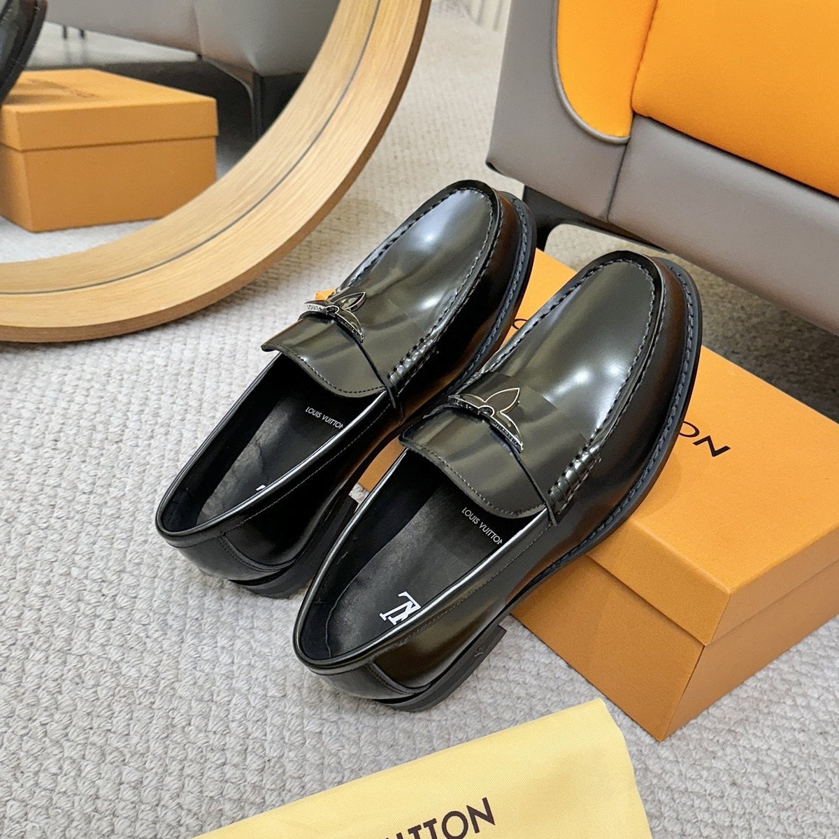 Louis Vuitton Men's Black Leather Loafers - Slip-On Design