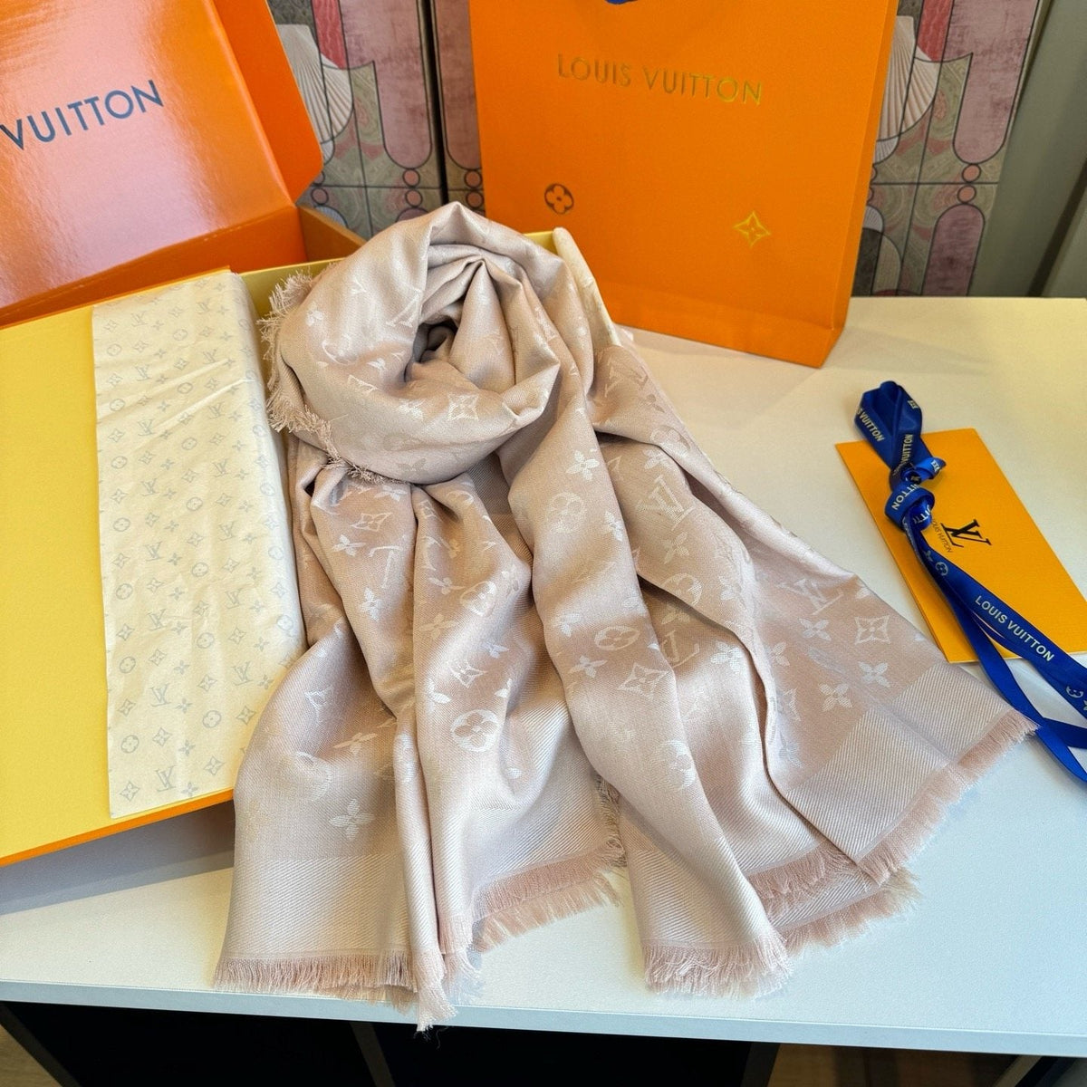 Louis Vuitton Blush Pink Fringed Scarf
