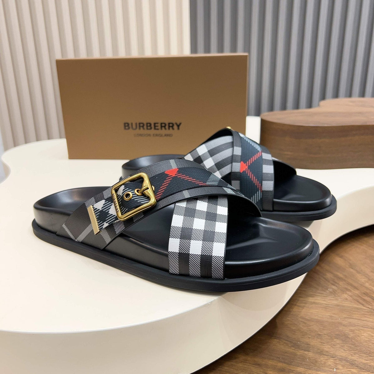 Burberry Checked Cross-Strap Slide Sandals