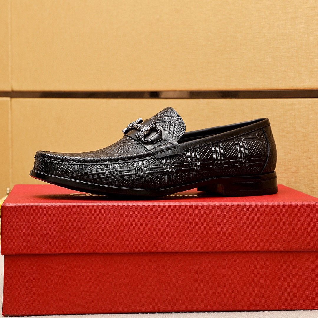 Ferragamo Black Embossed Buckle Loafers - Rubber Sole