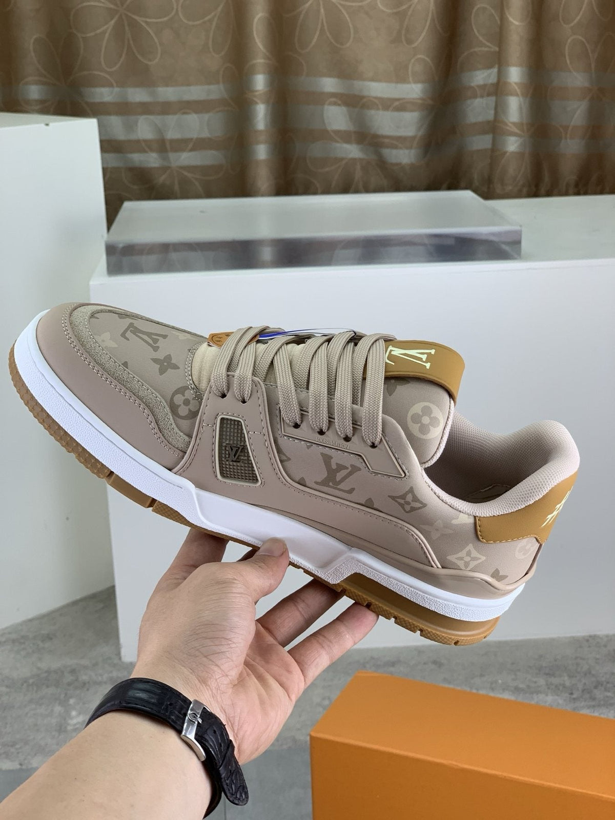 Louis Vuitton Beige, White & Gold Low-Top Sneakers